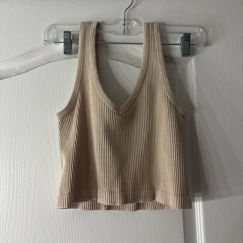 Beige Ribbed V-Neck Women's Top